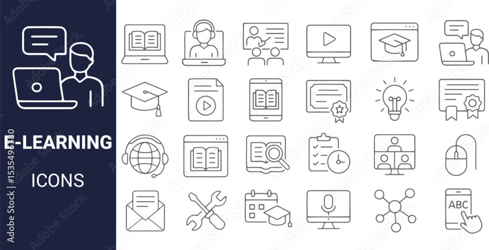 Obraz premium E-Learning Icons Online Education, Courses, and Training Vector Illustrations