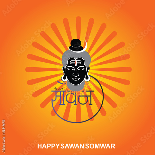 Happy Sawan Somvar Lord Shiva, depicted in a stylized, graphic art style. Shiva's face is blue, with a third eye on his forehead and a crescent moon on his head. 