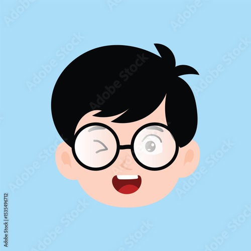 Boy various expressions cartoon illustration. black hair side parting style