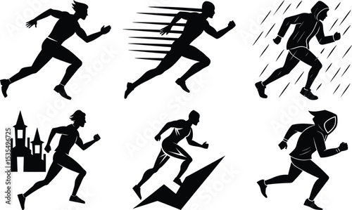 Dynamic Male Runners Silhouettes: Speed, Stamina, and Athletic Performance Vector Icons