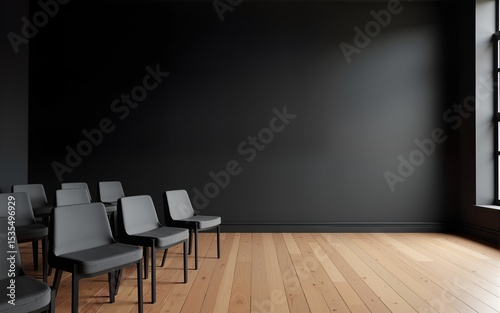 Empty conference room with black walls and wooden floor, chairs aligned. High quality