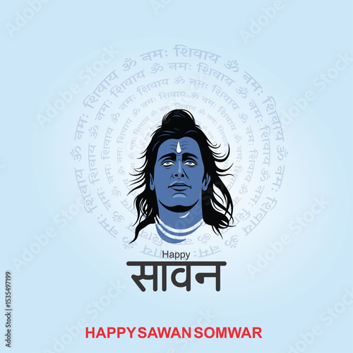 Happy Sawan Somvar Lord Shiva, depicted in a stylized, graphic art style. Shiva's face is blue, with a third eye on his forehead and a crescent moon on his head. 