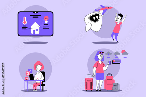 Colorful illustration of various activities involving technology. Individuals engaged with devices, from smart home management to playful exploration in vibrant setting