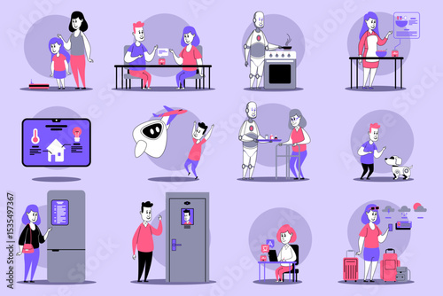 Vibrant mix of characters engaged in various daily activities such as cooking, playing, and interacting with technology