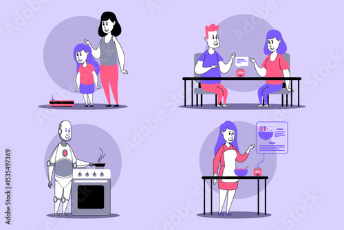 Collection showcasing different interactions between individuals, including mother with her daughter, friends sharing ideas, and robot helping with cooking