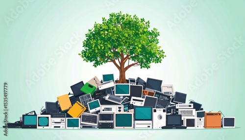 E-waste recycling circuit gadgets recovery concept. Tree growing from a pile of old electronics and computers.