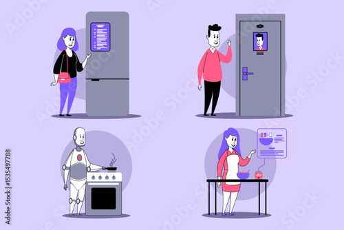 Technological advancements in smart homes streamline daily activities, showcasing person accessing fridge, man near door with camera, and robot cooking in kitchen