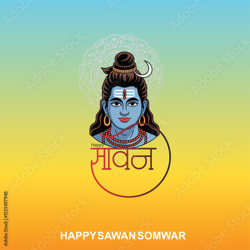Happy Sawan Somvar Lord Shiva, depicted in a stylized, graphic art style. Shiva's face is blue, with a third eye on his forehead and a crescent moon on his head.