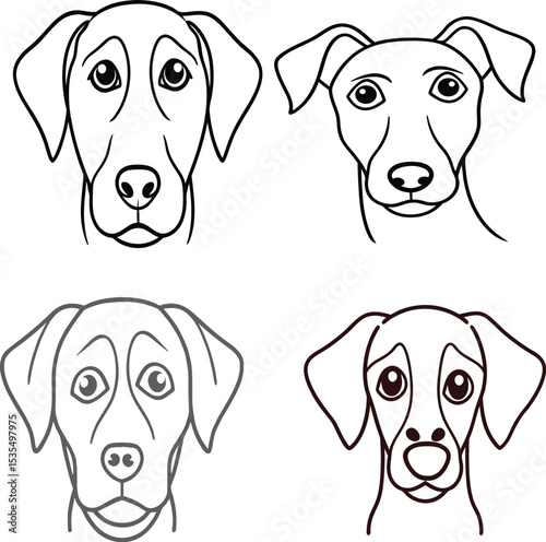 Four dog head outlines in black and gray, with different breeds and facial expressions shown clearly