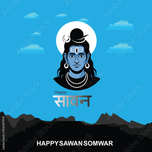 Happy Sawan Somvar Lord Shiva, depicted in a stylized, graphic art style. Shiva's face is blue, with a third eye on his forehead and a crescent moon on his head.