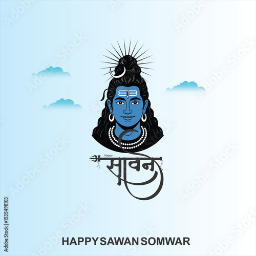 Happy Sawan Somvar Lord Shiva, depicted in a stylized, graphic art style. Shiva's face is blue, with a third eye on his forehead and a crescent moon on his head.