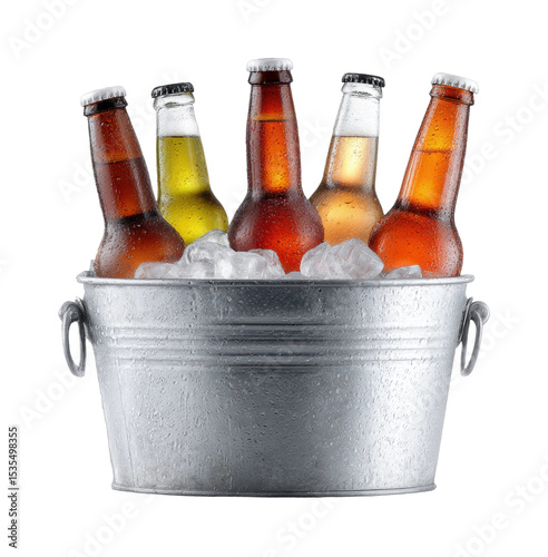Assorted chilled beer bottles in metal bucket with ice