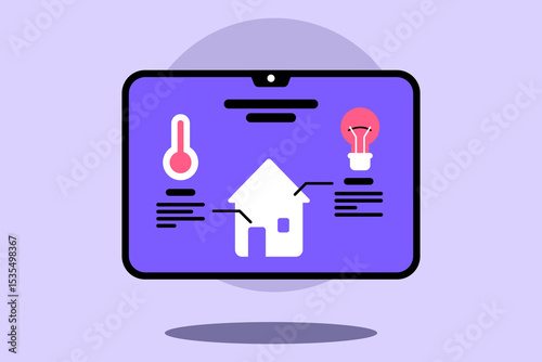 Digital screen with smart home features, including house icon, temperature gauge, and light bulb. Convenience of modern home automation concept