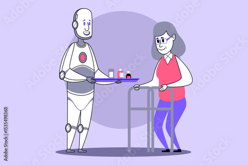 Friendly robot delivering medications to elderly woman using walker. Care and technology concept