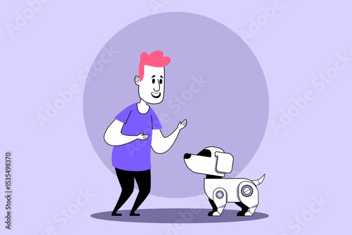 Young boy smiling while waving at small robotic dog. Connection with tech concept