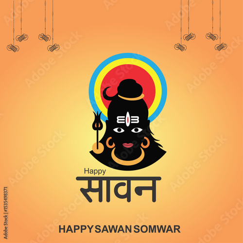 Happy Sawan Somvar Lord Shiva, depicted in a stylized, graphic art style. Shiva's face is blue, with a third eye on his forehead and a crescent moon on his head.