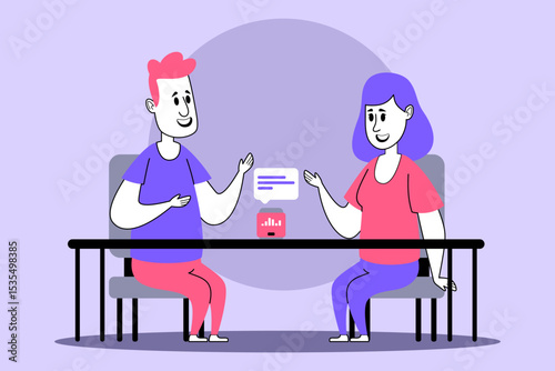 Two people engaged in discussion at table featuring chatbot interface. People sharing ideas while seated in bright and colorful environment