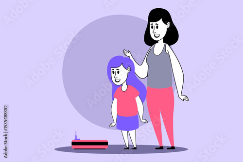 Mother and her young daughter standing together while observing robot vacuum cleaner moving across floor in their home, appearing curious and engaged during cleaning process