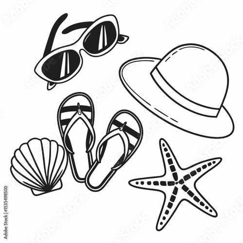 Black vector illustration of beach items: sunglasses, flip-flops, seashell, starfish, and a sunhat, minimal flat design