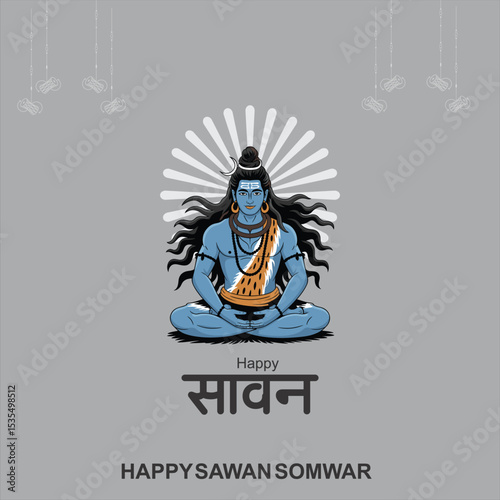 Happy Sawan Somvar Lord Shiva, depicted in a stylized, graphic art style. Shiva's face is blue, with a third eye on his forehead and a crescent moon on his head.