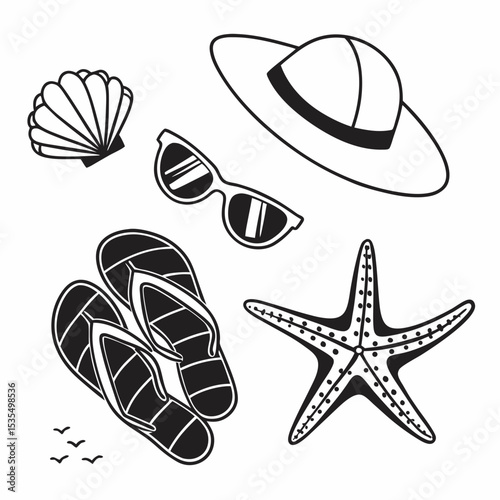 Black vector illustration of beach items: sunglasses, flip-flops, seashell, starfish, and a sunhat, minimal flat design