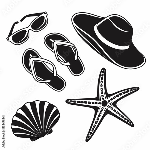Black vector illustration of beach items: sunglasses, flip-flops, seashell, starfish, and a sunhat, minimal flat design