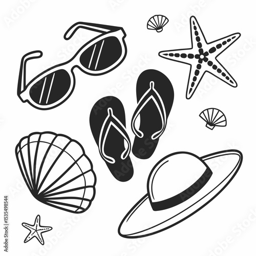 Black vector illustration of beach items: sunglasses, flip-flops, seashell, starfish, and a sunhat, minimal flat design