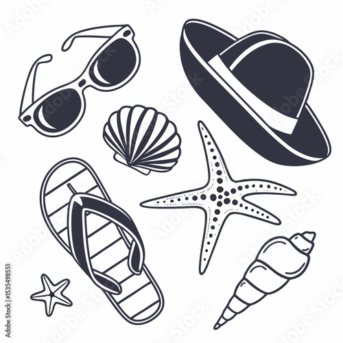 Black vector illustration of beach items: sunglasses, flip-flops, seashell, starfish, and a sunhat, minimal flat design
