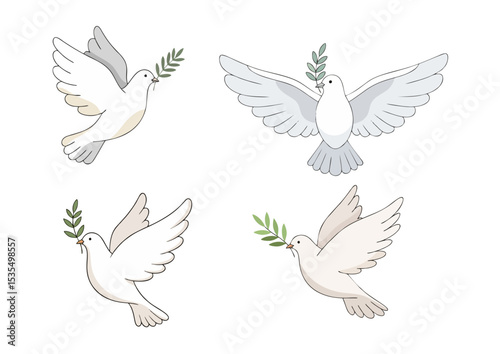 White dove with outstretched wings and olive branch in beak, symbolizing peace and harmony on clean white background