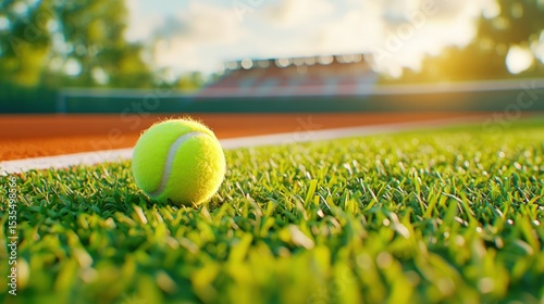 Vivid yellow tennis ball resting on baseline of clay court, illuminated by warm glow of sunset
