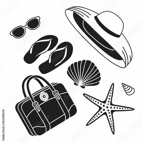 Black vector illustration of beach items: sunglasses, flip-flops, seashell, starfish, and a sunhat, minimal flat design