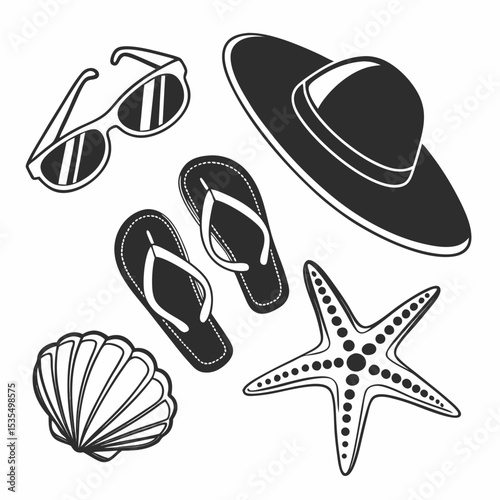 Black vector illustration of beach items: sunglasses, flip-flops, seashell, starfish, and a sunhat, minimal flat design