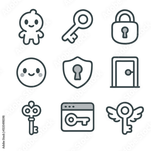 Heres a sentence describing the image the image shows nine cute security icons including keys locks and a baby.