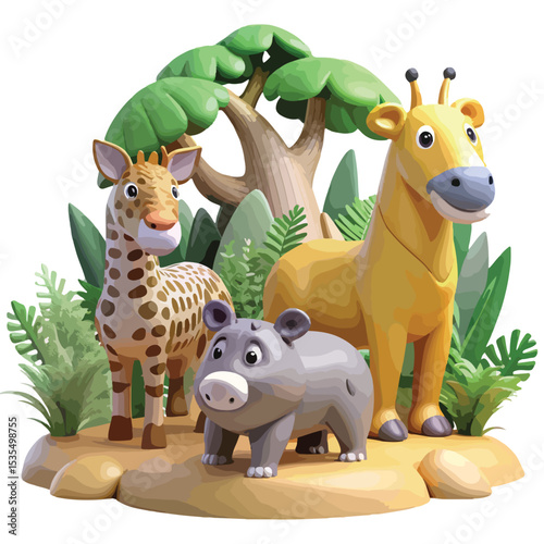 Playful vector illustration of baby animals in the wild with colorful foliage and natural surroundings.