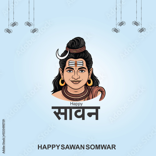 Happy Sawan Somvar Lord Shiva, depicted in a stylized, graphic art style. Shiva's face is blue, with a third eye on his forehead and a crescent moon on his head.