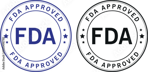 Two FDA approved circular badge labels in blue and black with bold text for product certification	