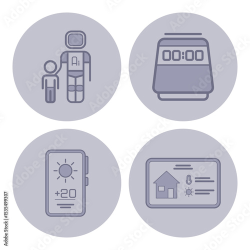 Set of line icons illustrating various technological devices for daily use, including smart home, timer, AI assistant, and temperature monitor. Modern conveniences concept