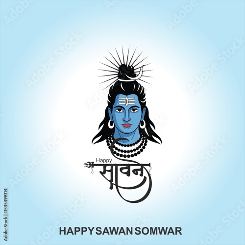 Happy Sawan Somvar Lord Shiva, depicted in a stylized, graphic art style. Shiva's face is blue, with a third eye on his forehead and a crescent moon on his head.