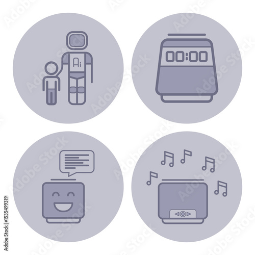 Collection of icons depicting child and robot interaction, countdown timer, smiling chat box, and music-playing device. Modern technology applications concept