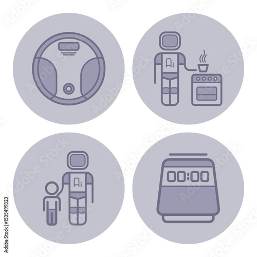 Icons of various home automation technologies. Robotic vacuum, cooking assistant robot, AI interacting with child, and timer display. Advanced household innovation concept