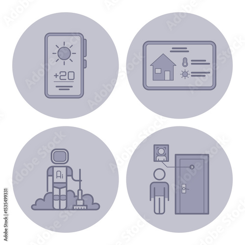 Collection of line icons illustrating various activities and technology interactions. Weather display, home information screen, robot cleaner, and person at door