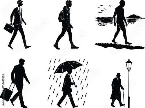 Diverse Men Walking Silhouettes: Business, Travel, Leisure, and Weather Conditions Vector Set