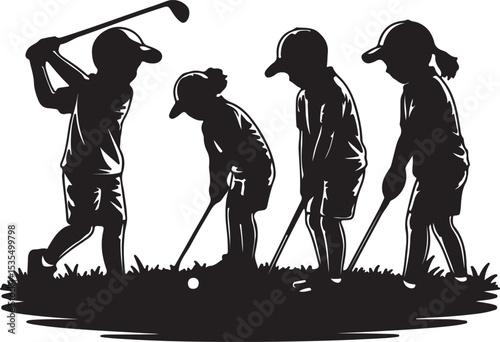 Children Playing Golf Silhouettes – Kids Sports Vector Illustration
