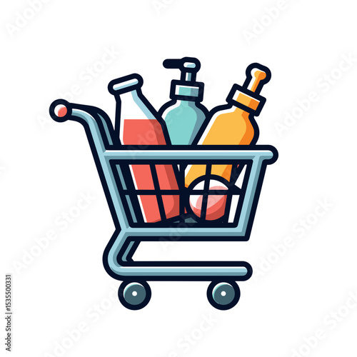 Shopping cart with colorful bottles of various liquids inside  