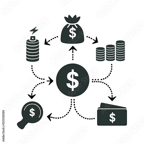 Financial flow diagram with cash, coins, and money management icons  