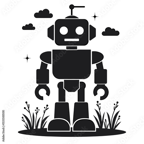 Black silhouette robot standing in grass with clouds and stars  