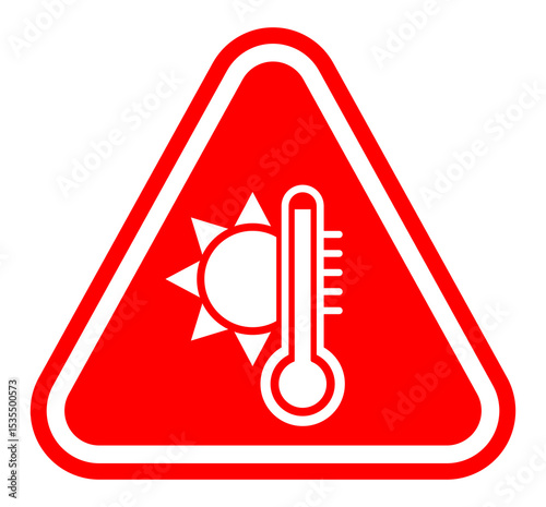 A red warning triangle with a white sun and thermometer, indicating danger from high temperatures or heat. PNG file included.