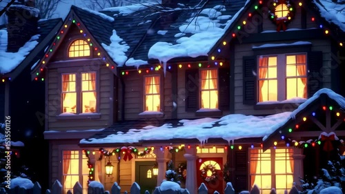 Dreamlike winter wonderland cottage, a vibrant spectacle of twinkling festive lights and soft snow, evoking nostalgic Christmas serenity.