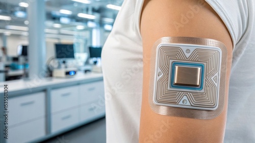 Wallpaper Mural Innovative skin patch on arm in a modern lab, showcasing technology and health monitoring advancements. Torontodigital.ca