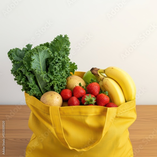 Reusable shopping bag full of fresh vegetables and fruits. Organic food for healthy eating lifestyle concept for banner or poster with copy space. Healthy grocery shopping